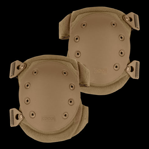 A pair of Condor Knee Pads 2 in tan, featuring adjustable straps and multiple rivets on each pad, displayed against a plain background.